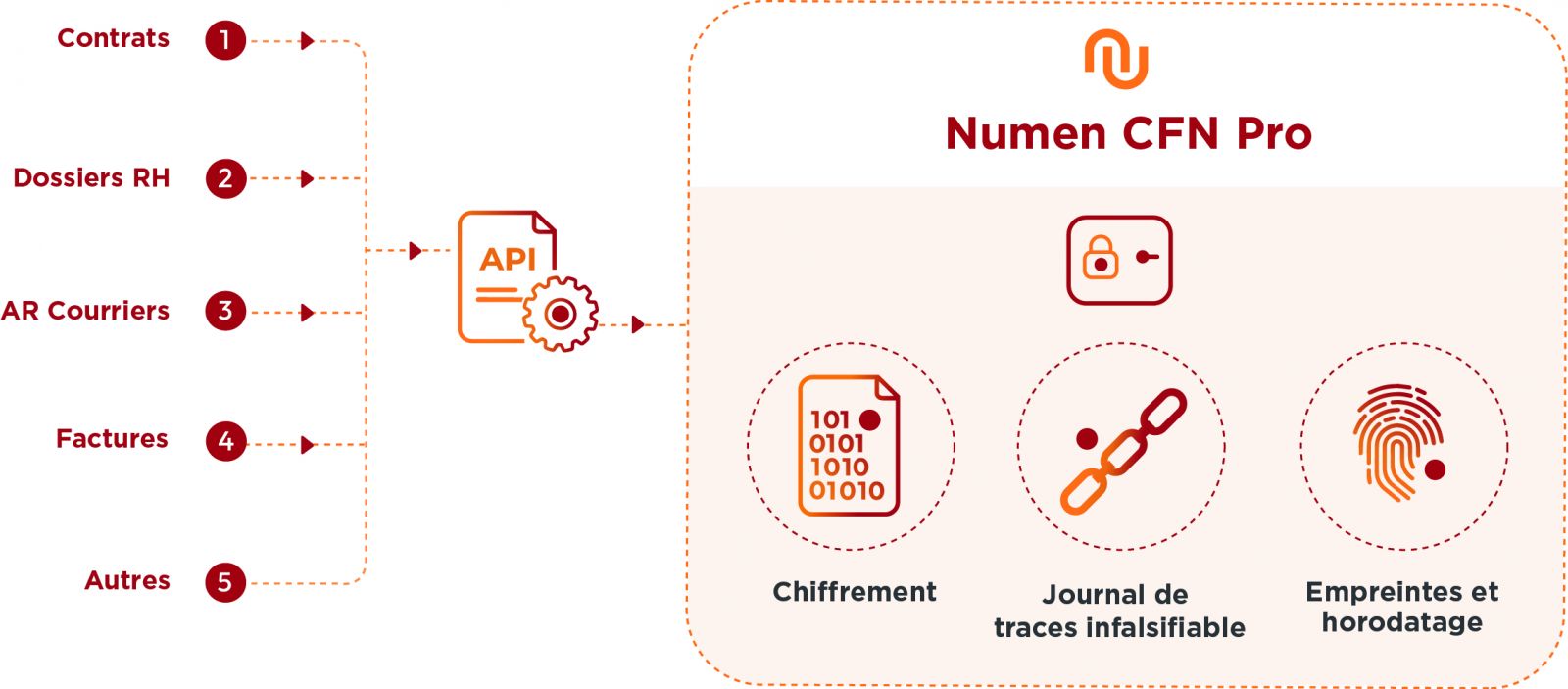 Schéma du fonctionnement de la solution coffre-fort numérique Numen CFN Pro. Vos documents (contrats, dossiers RH, AR courriers, Factures, Autres) entrent dans le coffre-fort numérique via l'utilisation d'API. A l'intérieur du coffre-fort numérique, vos documents sont soumis au chiffrement des données, à un journal de traces infalsifiable et à l'empreinte et l'horodatage pour vous garantir la fiabilité de vos données.